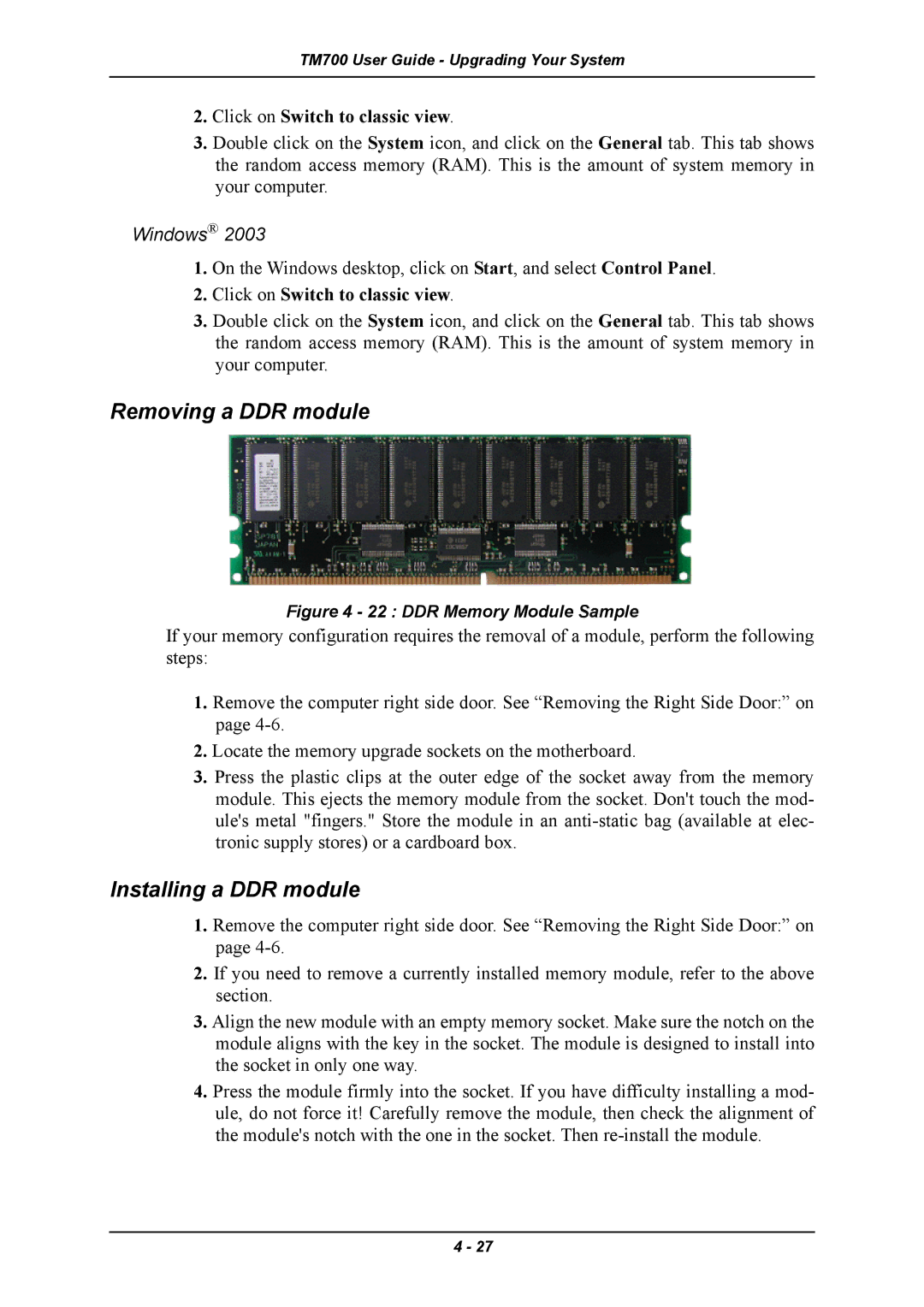 Intel TM700 manual Removing a DDR module, Installing a DDR module, Click on Switch to classic view 