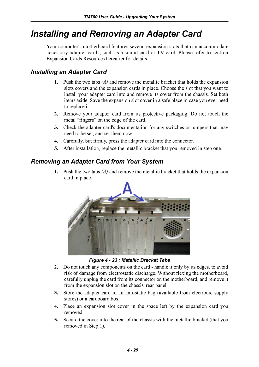 Intel TM700 Installing and Removing an Adapter Card, Installing an Adapter Card, Removing an Adapter Card from Your System 