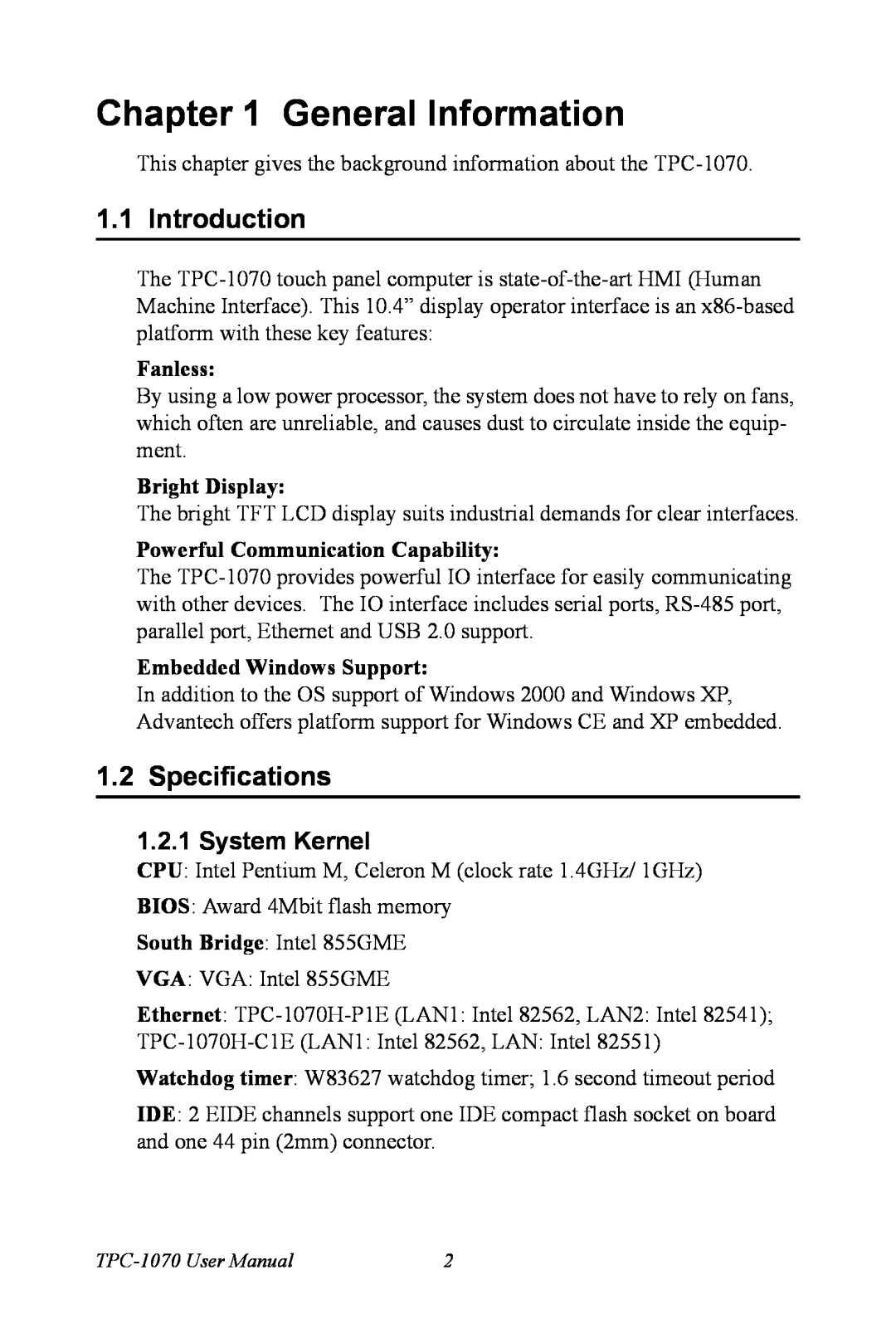 Intel TPC-1070 user manual General Information, Introduction, Specifications, System Kernel, Fanless, Bright Display 