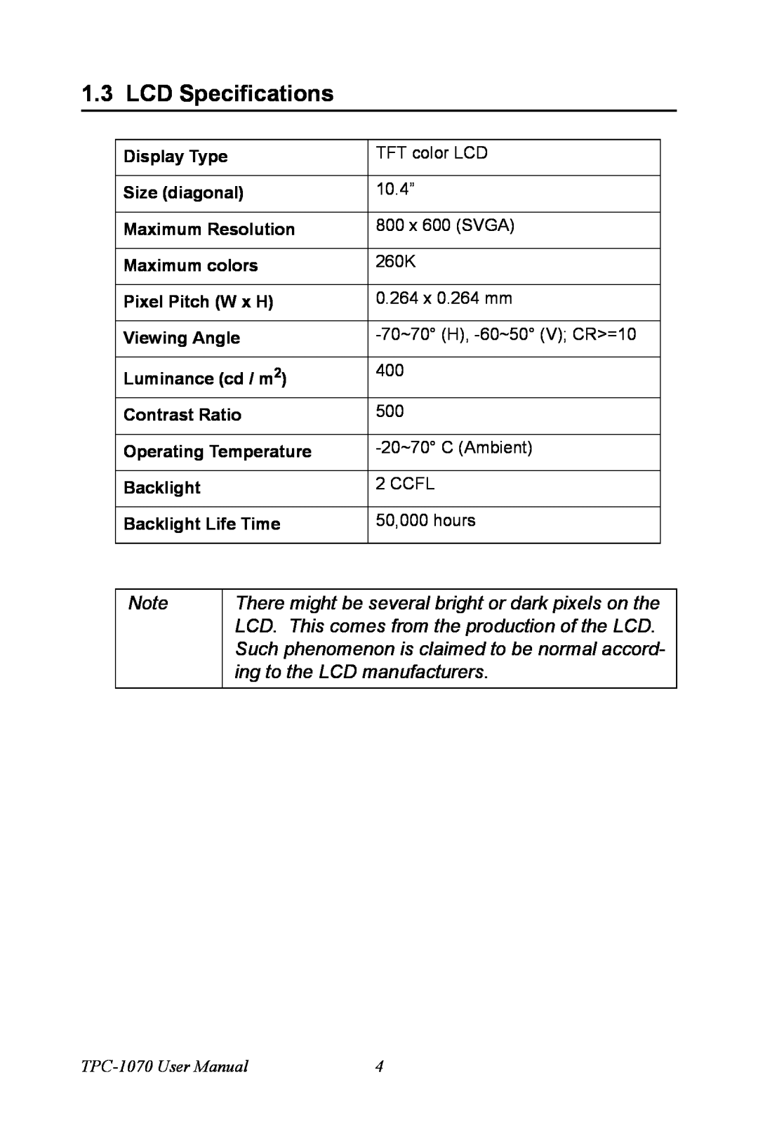 Intel user manual LCD Specifications, TPC-1070 User Manual 