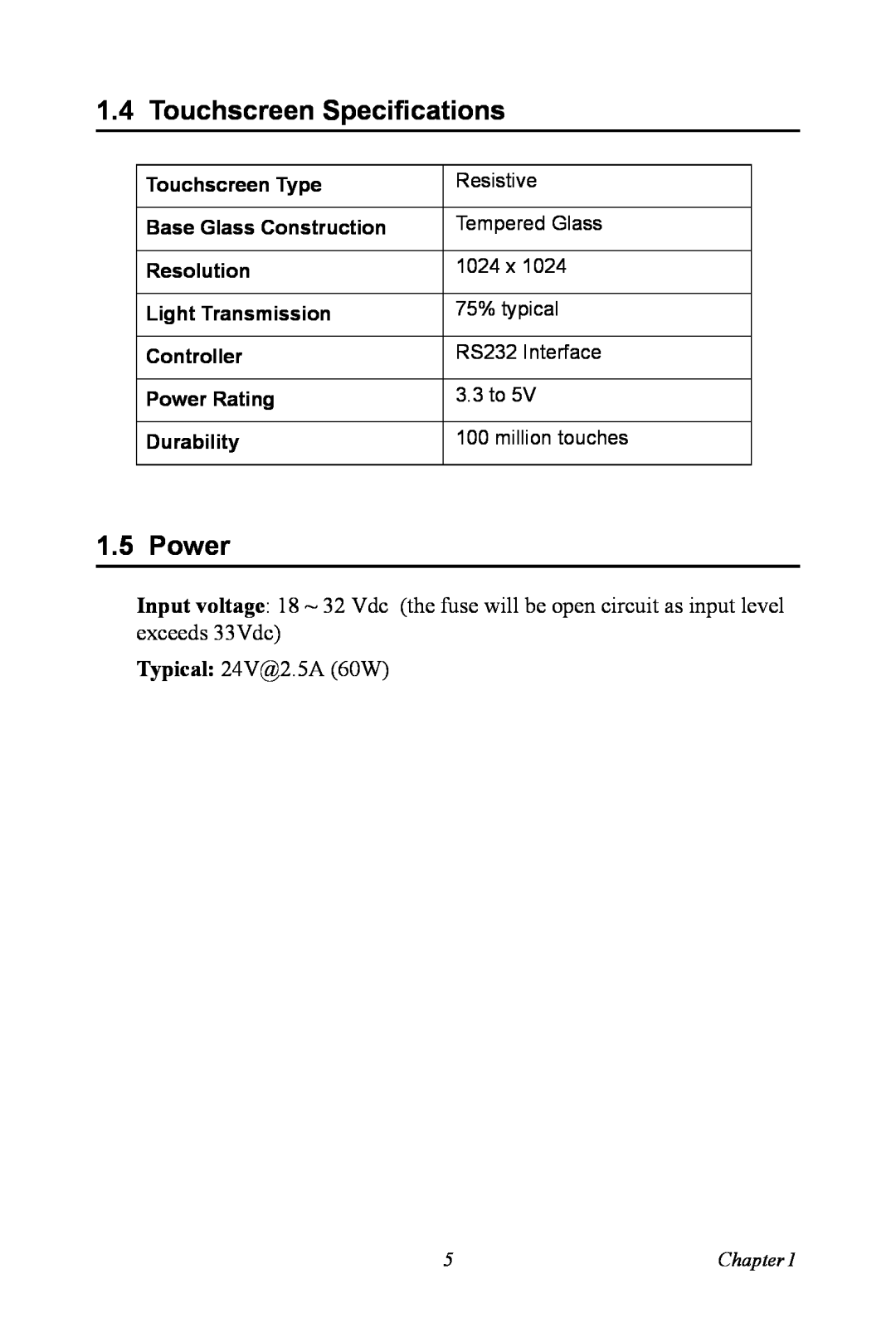 Intel TPC-1070 user manual Touchscreen Specifications, Power, Typical 24V@2.5A 60W 
