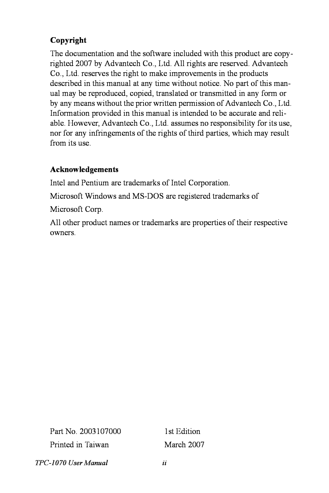 Intel user manual Copyright, Acknowledgements, 1st Edition, Printed in Taiwan, March, TPC-1070 User Manual 