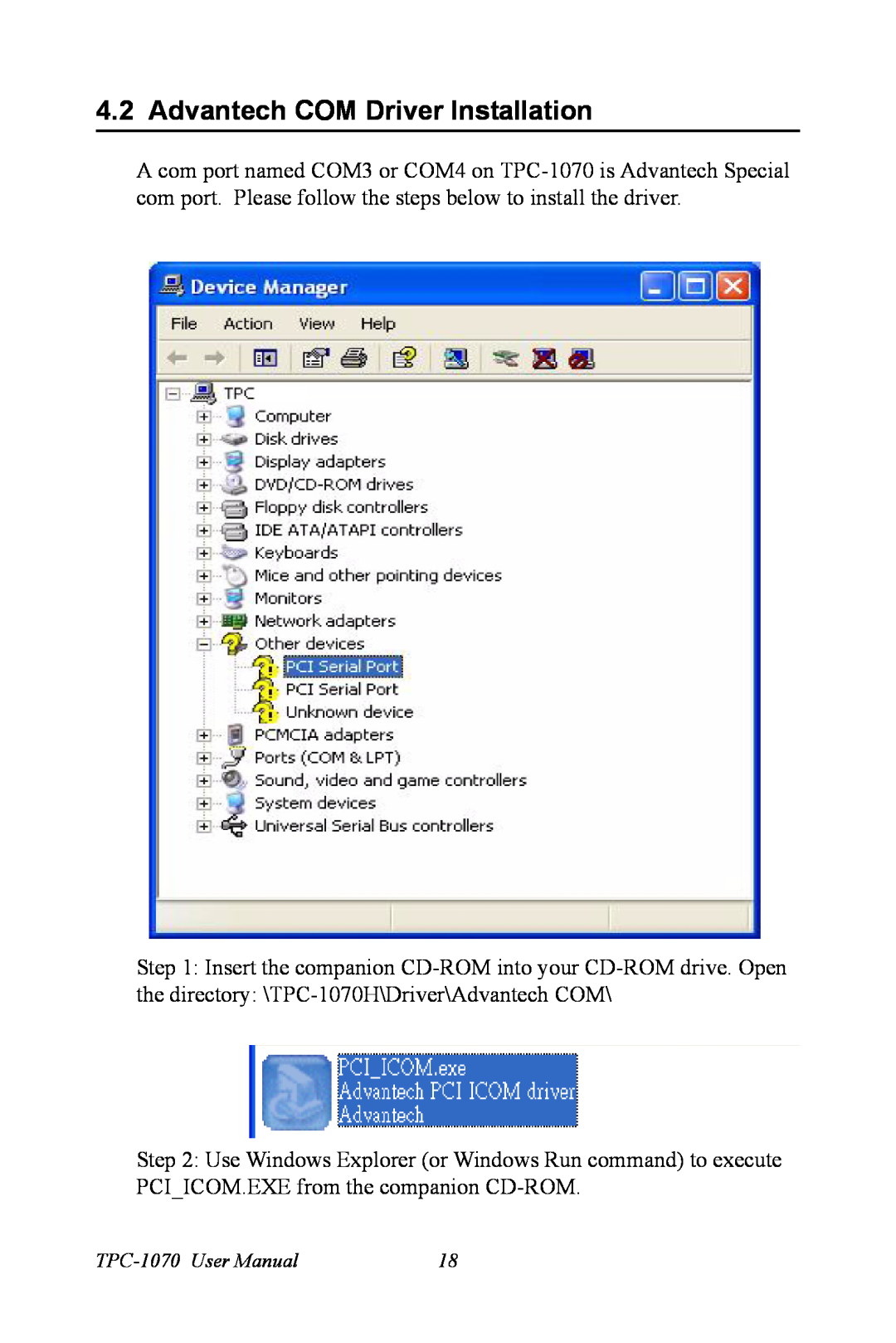 Intel TPC-1070 user manual Advantech COM Driver Installation, Insert the companion CD-ROM into your CD-ROM drive. Open 