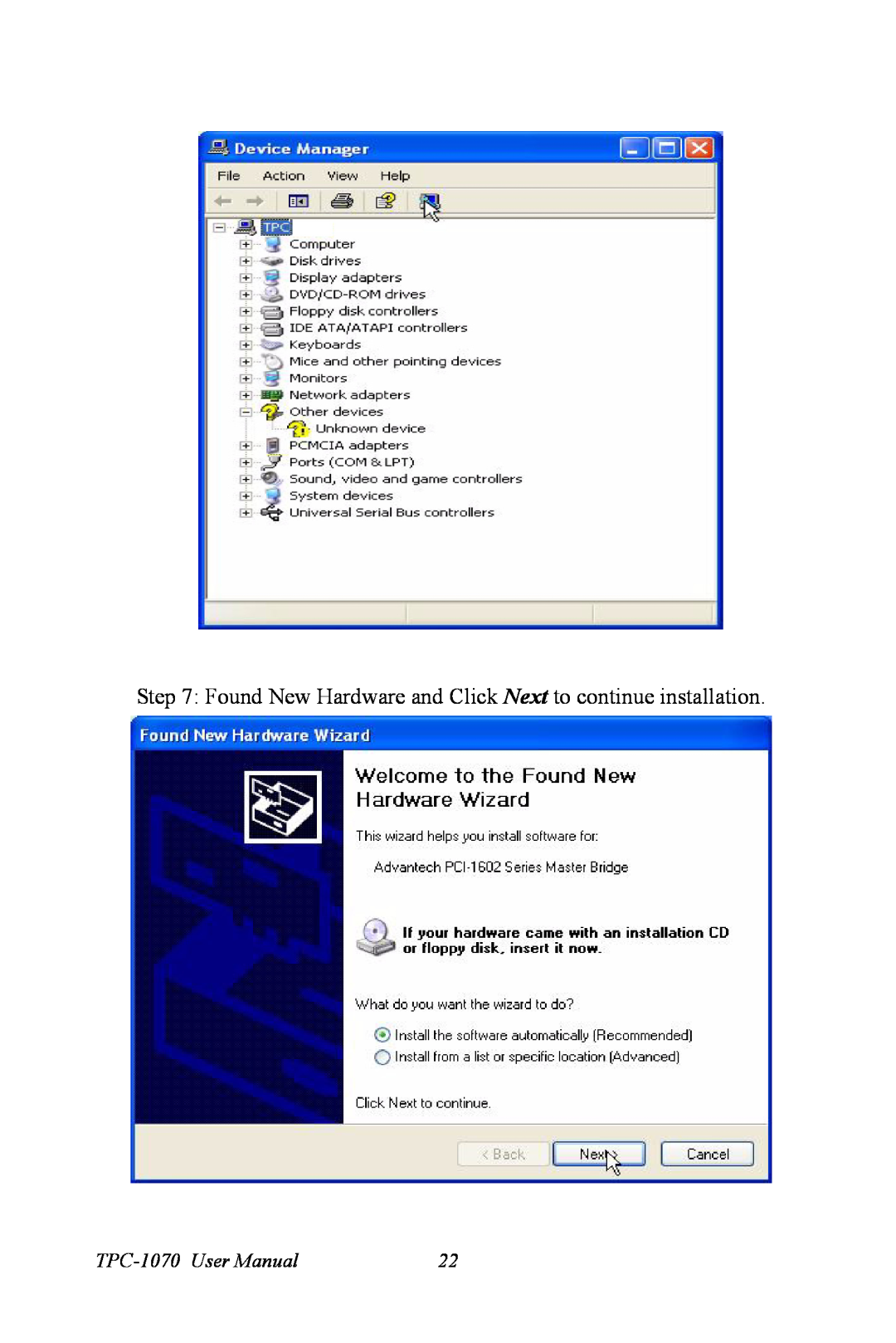 Intel user manual Found New Hardware and Click Next to continue installation, TPC-1070 User Manual 