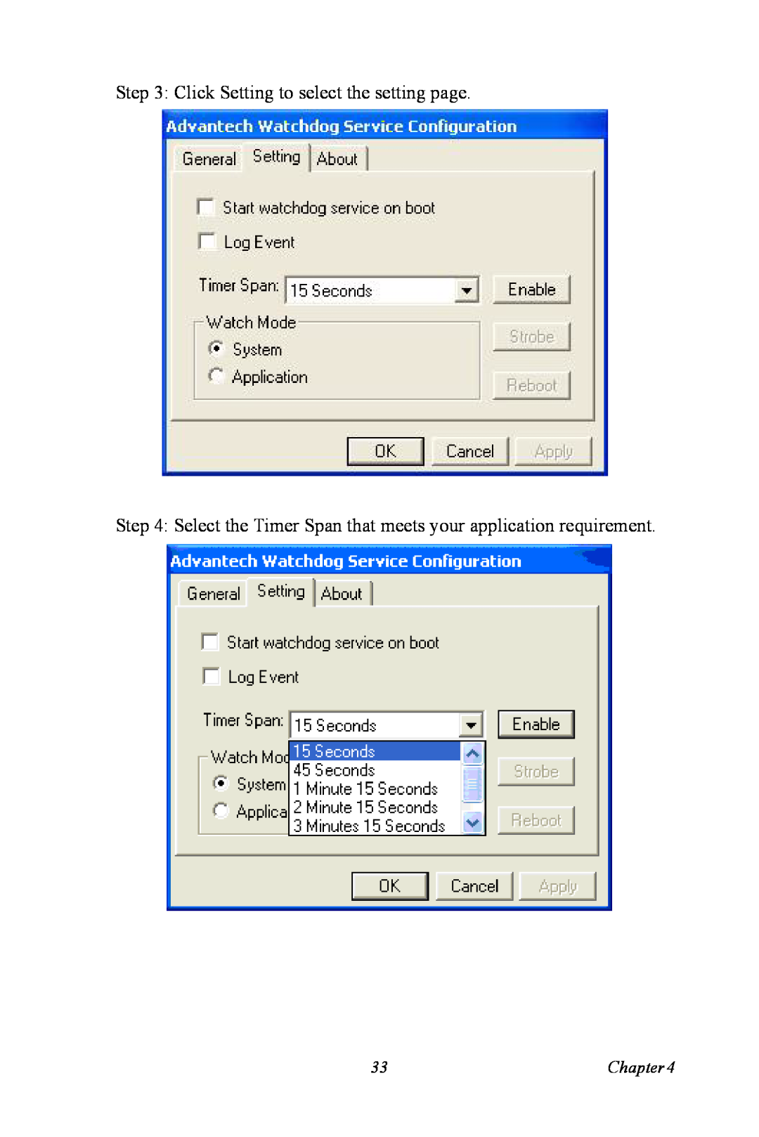 Intel TPC-1070 Click Setting to select the setting page, Select the Timer Span that meets your application requirement 