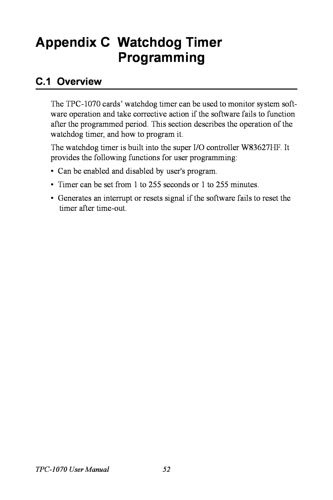 Intel TPC-1070 user manual Appendix C Watchdog Timer Programming, C.1 Overview 