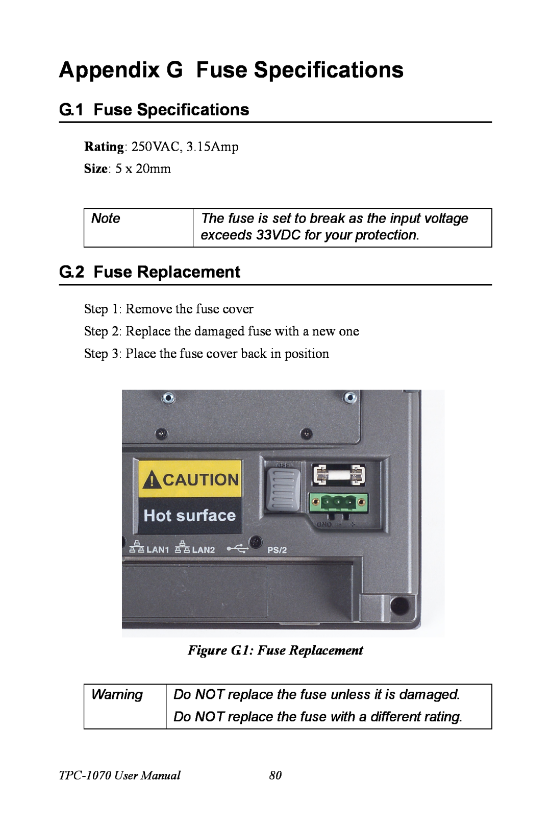 Intel TPC-1070 Appendix G Fuse Specifications, G.1 Fuse Specifications, G.2 Fuse Replacement, Figure G.1 Fuse Replacement 