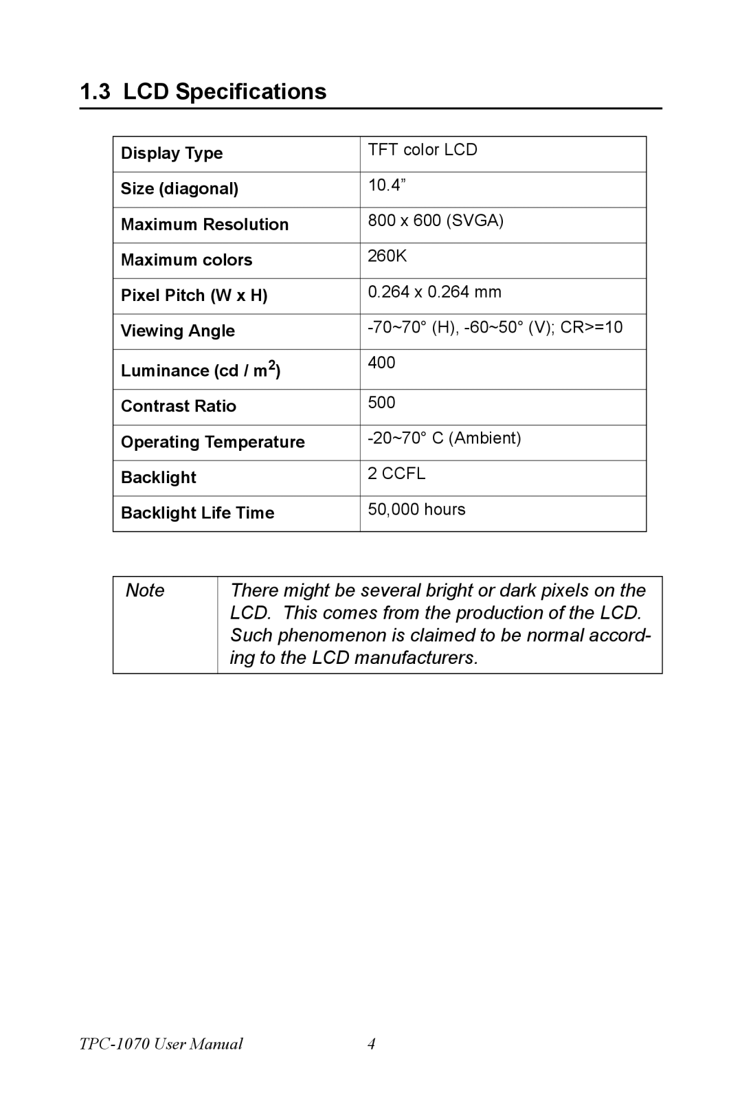 Intel TPC-1070 user manual LCD Specifications 