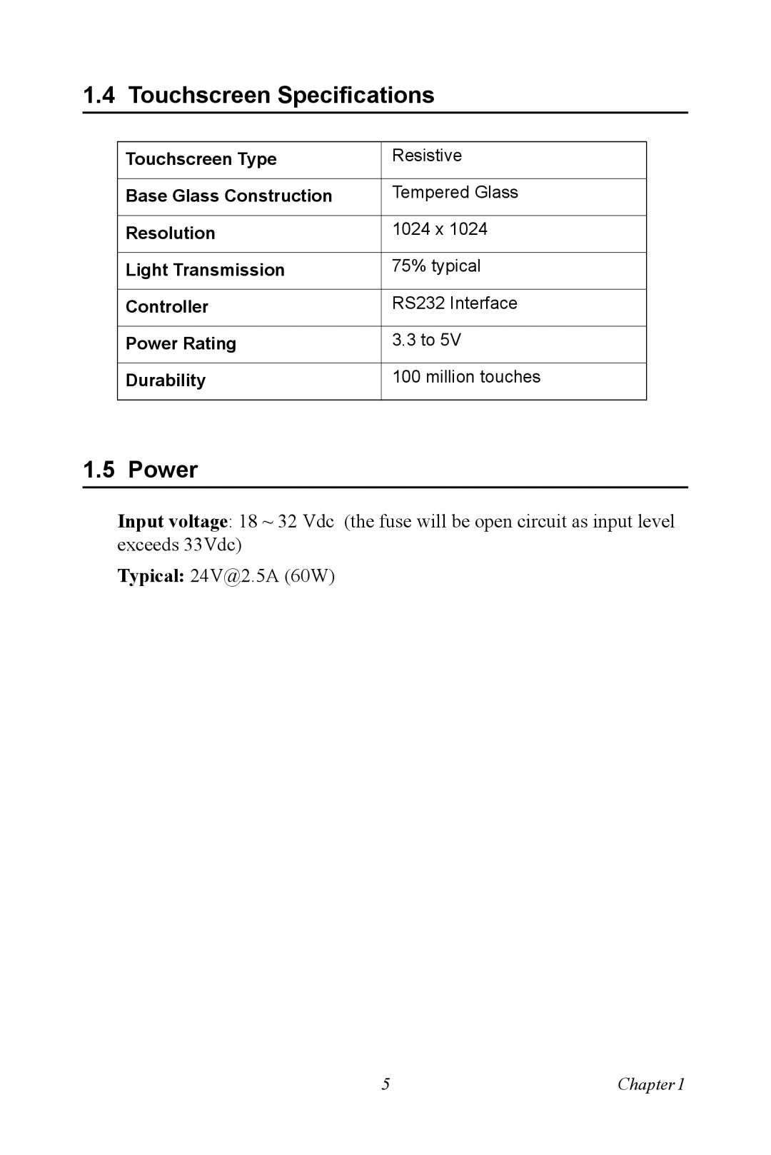 Intel TPC-1070 user manual Touchscreen Specifications, Power 