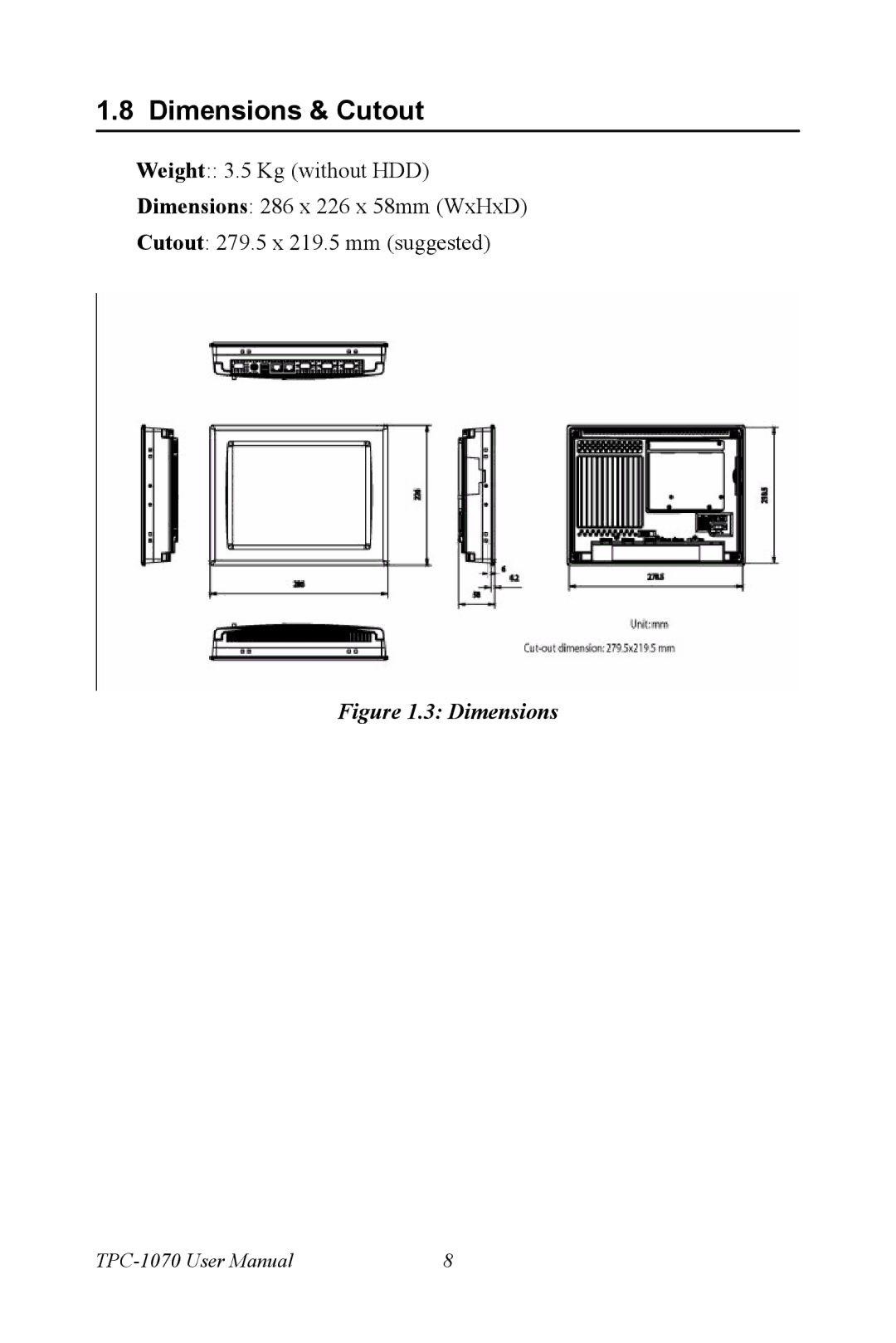 Intel TPC-1070 user manual Dimensions & Cutout 