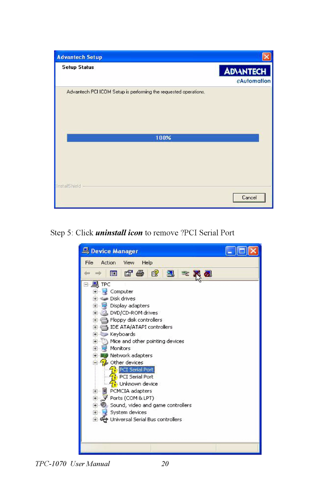 Intel TPC-1070 user manual Click uninstall icon to remove ?PCI Serial Port 