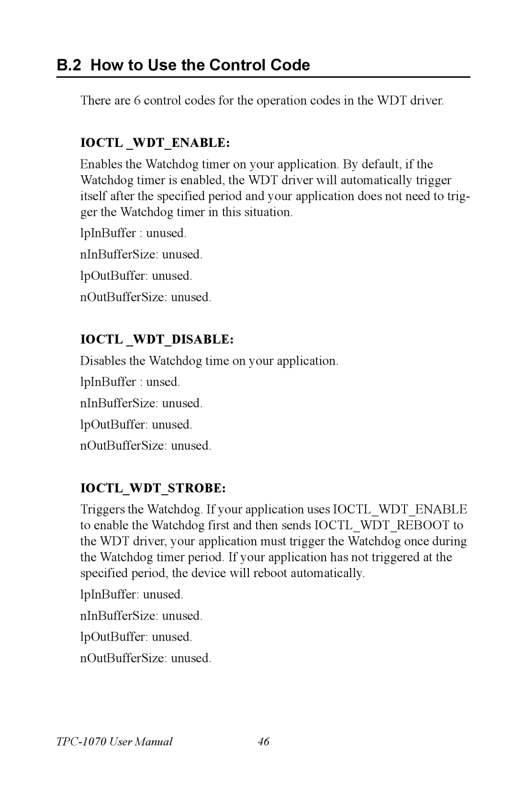 Intel TPC-1070 user manual How to Use the Control Code, Ioctl Wdtenable 