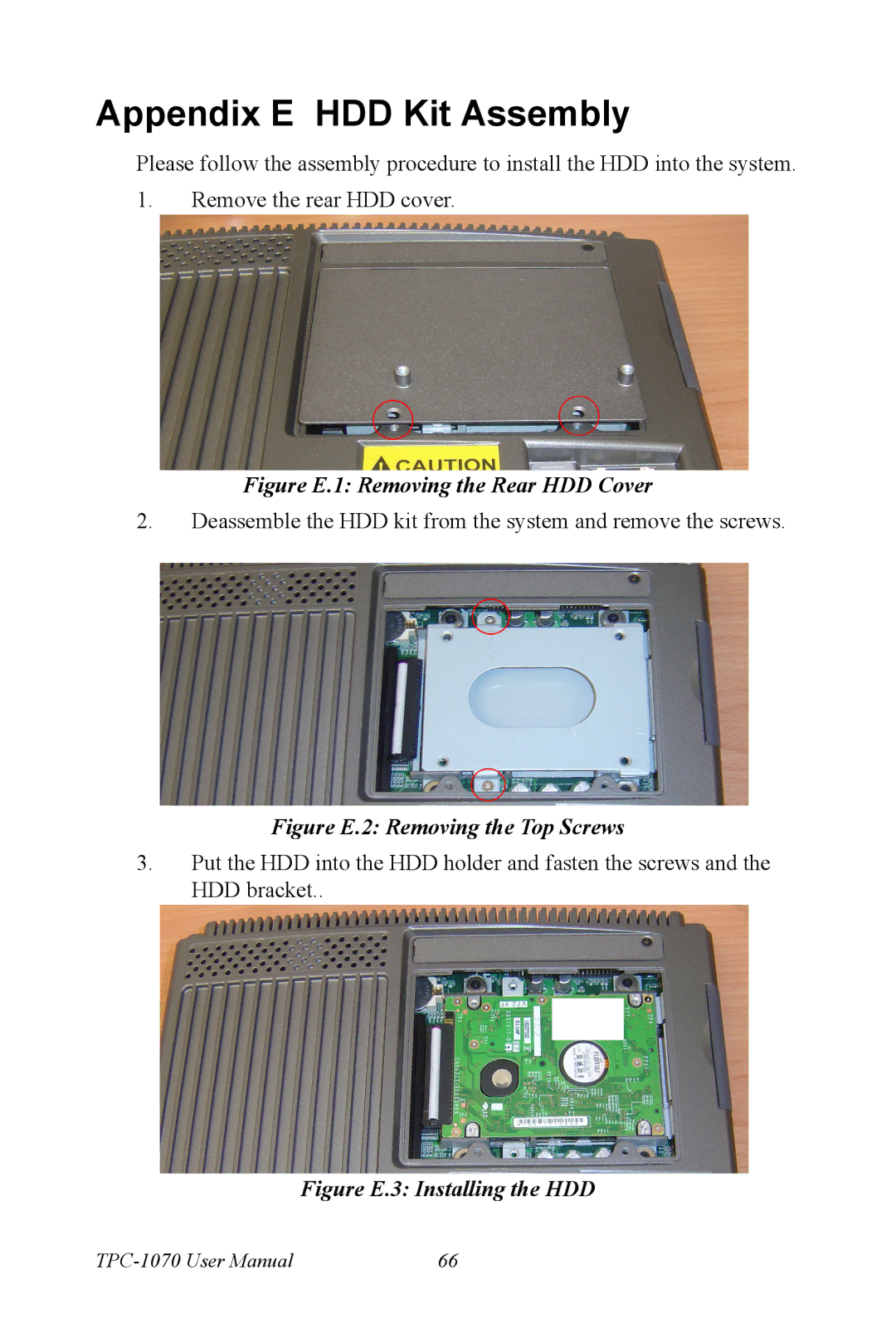 Intel TPC-1070 user manual Appendix E HDD Kit Assembly, Figure E.1 Removing the Rear HDD Cover 