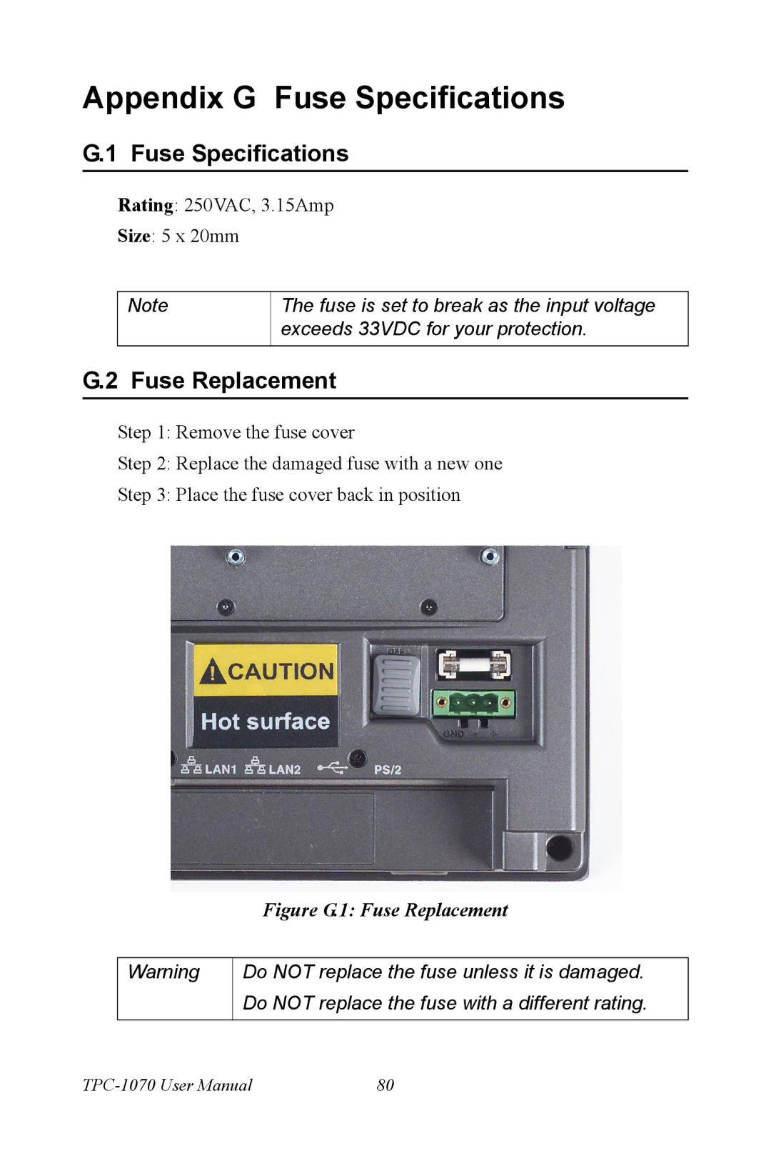 Intel TPC-1070 user manual Appendix G Fuse Specifications, Fuse Replacement 