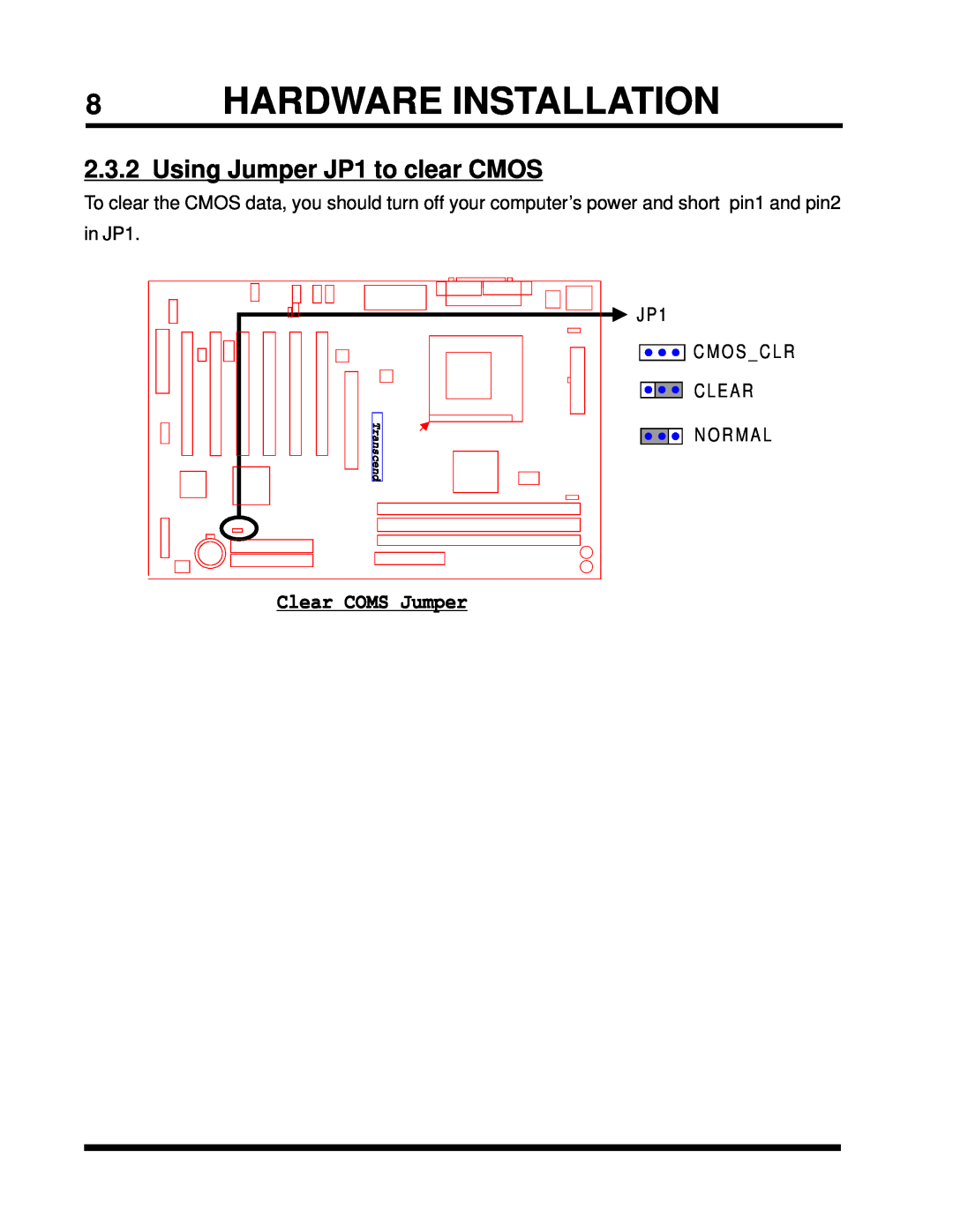 Intel TS-ASP3 8HARDWARE INSTALLATION, Using Jumper JP1 to clear CMOS, Clear COMS Jumper, C M O S _ C L R, Transcend 