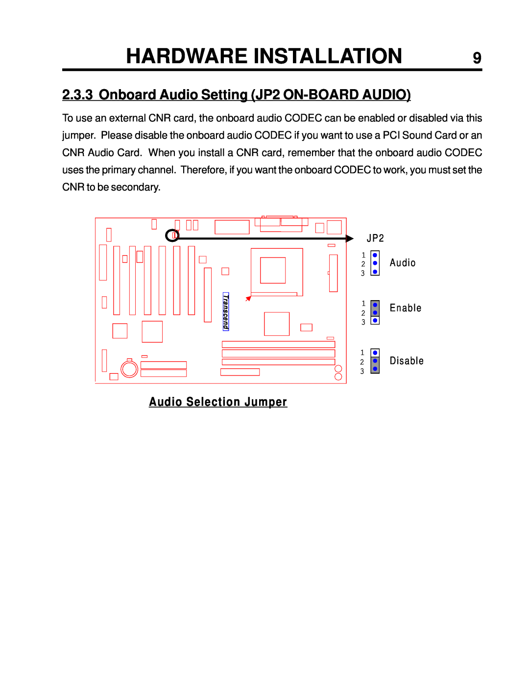 Intel TS-ASP3 user manual Onboard Audio Setting JP2 ON-BOARDAUDIO, Audio Selection Jumper, Hardware Installation 