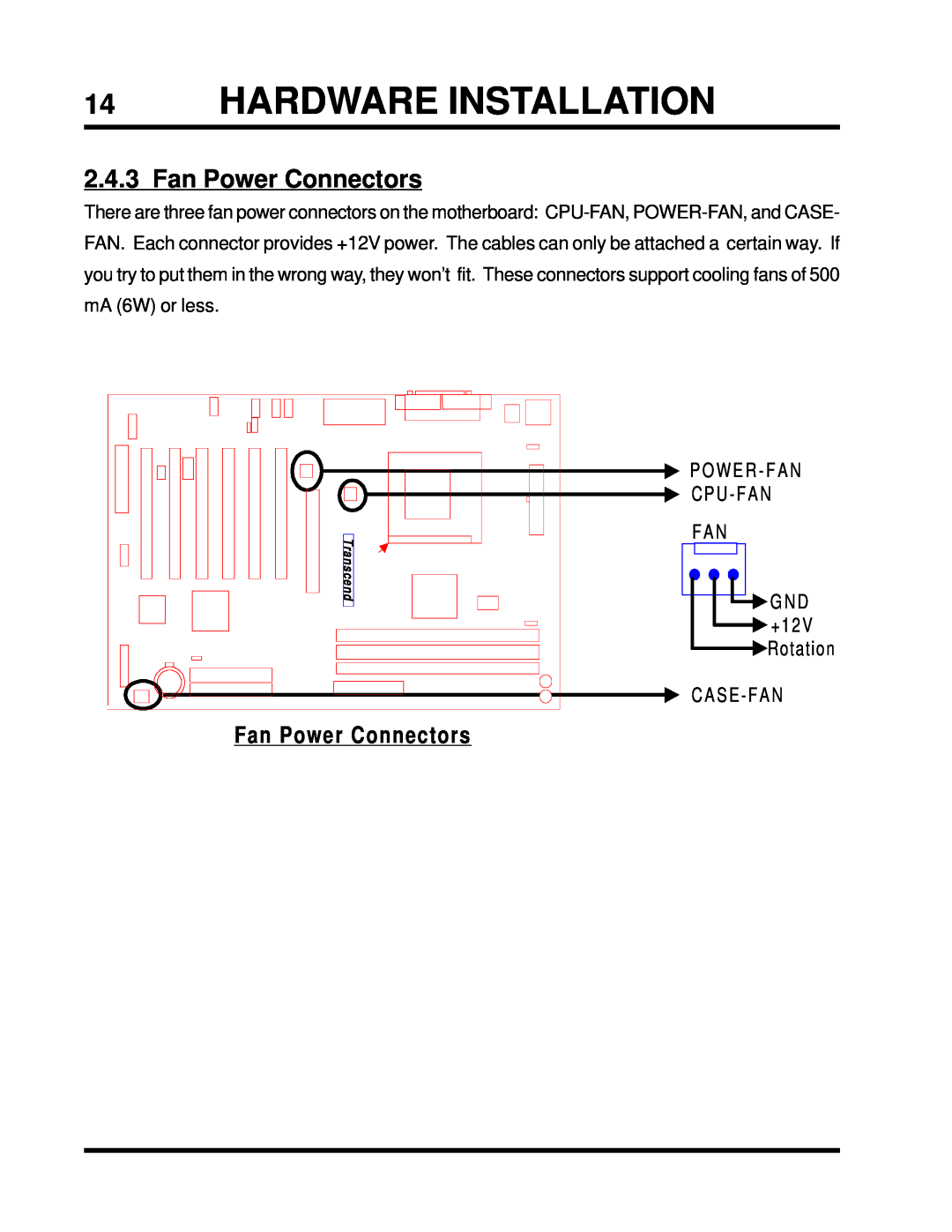Intel TS-ASP3 user manual Hardware Installation, Fan Power Connectors, P O W E R - F A N C P U - F A N F A N G N D 