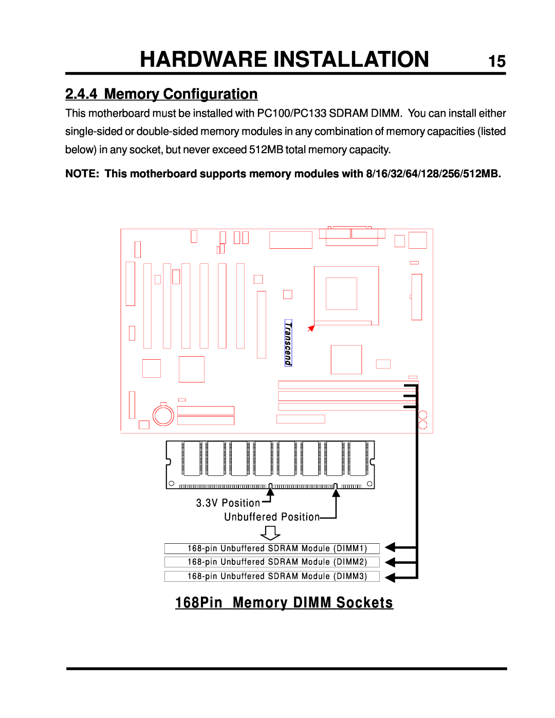 Intel TS-ASP3 user manual Memory Configuration, Hardware Installation, 168Pin Memory DIMM Sockets 