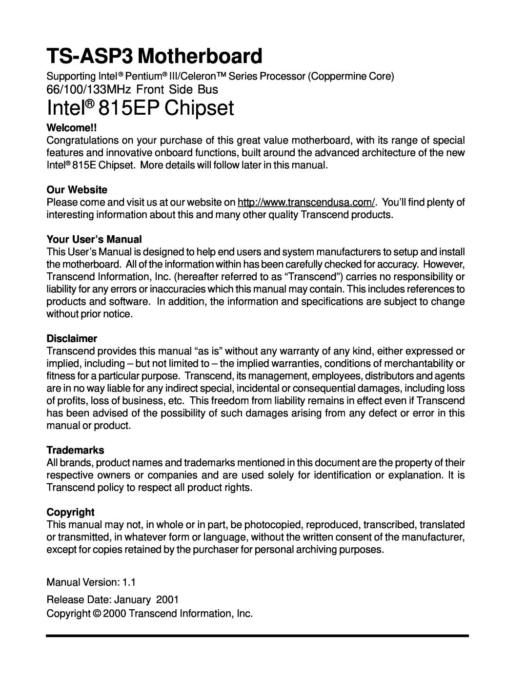 Intel user manual TS-ASP3Motherboard, 66/100/133MHz Front Side Bus, Intel 815EP Chipset 
