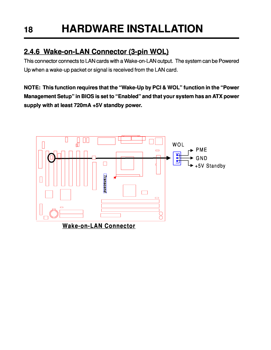 Intel TS-ASP3 user manual Hardware Installation, Wake-on-LANConnector 3-pinWOL 