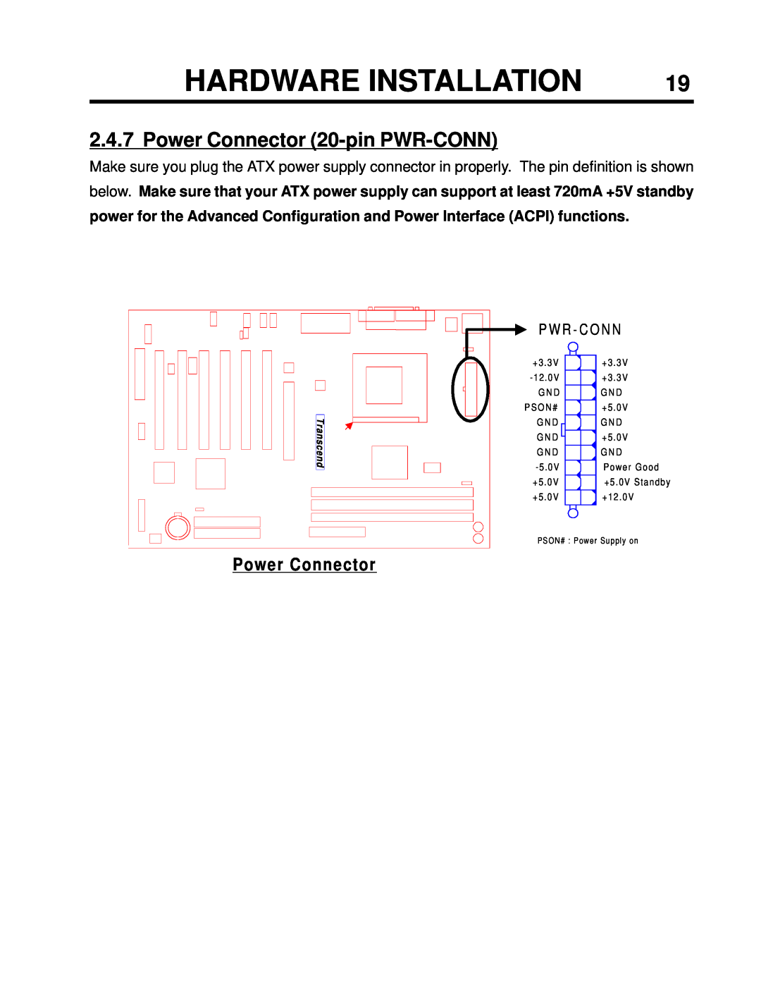 Intel TS-ASP3 user manual Power Connector 20-pin PWR-CONN, Hardware Installation 