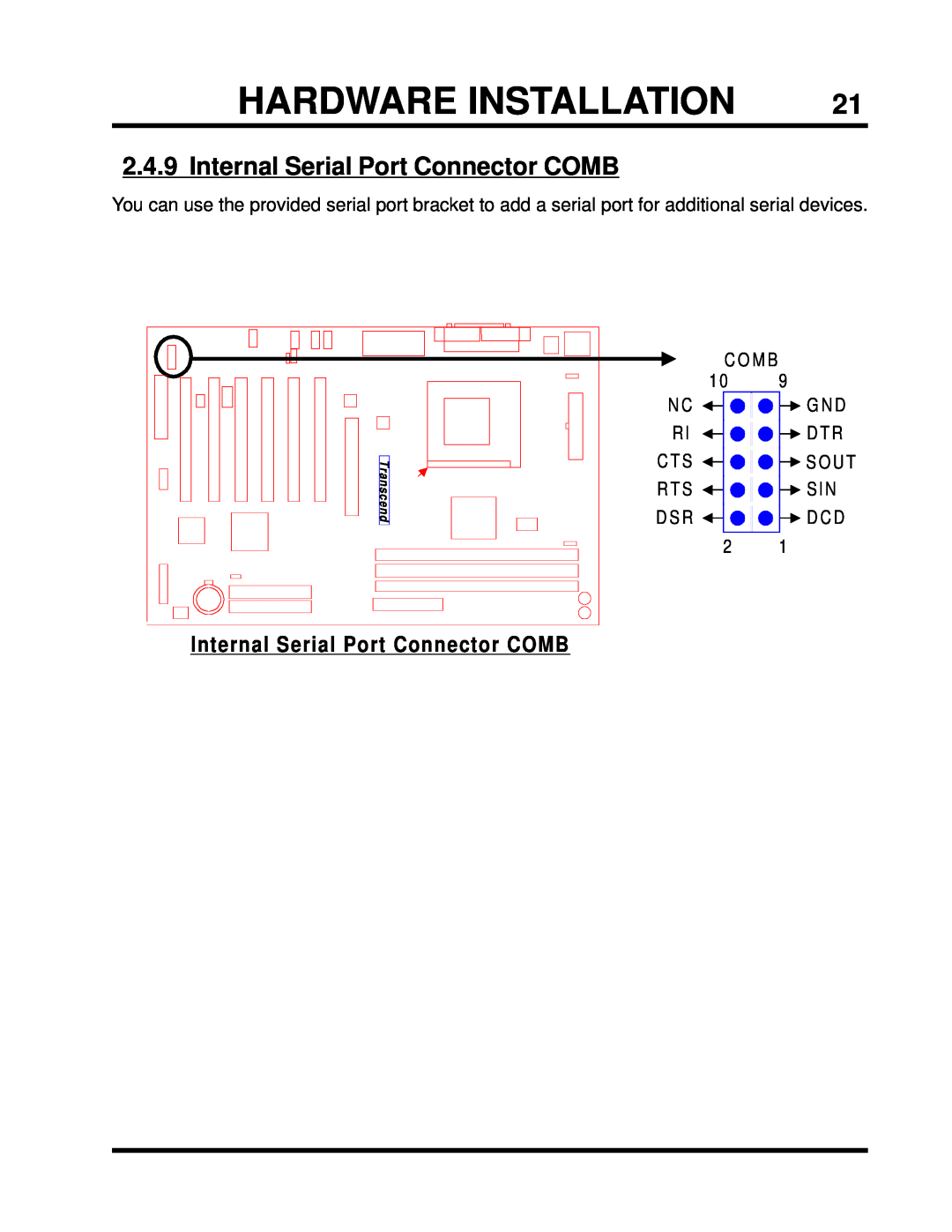 Intel TS-ASP3 user manual Internal Serial Port Connector COMB, Hardware Installation 
