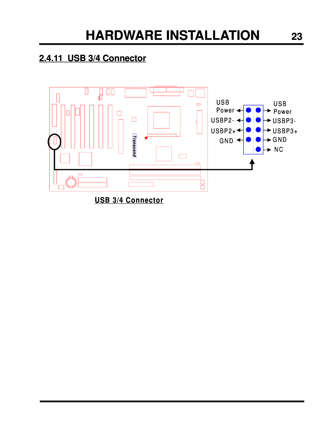 Intel TS-ASP3 user manual USB 3/4 Connector, Hardware Installation, U S B P 2 +, U S B P 3 +, Transcend 