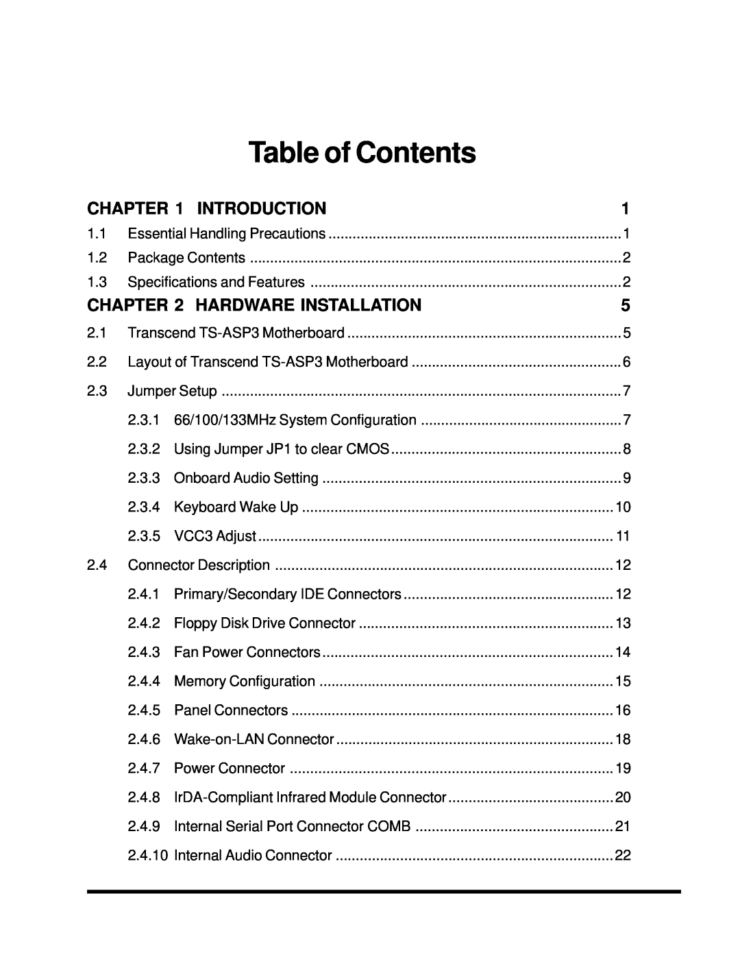 Intel TS-ASP3 user manual Table of Contents, Introduction, Hardware Installation 