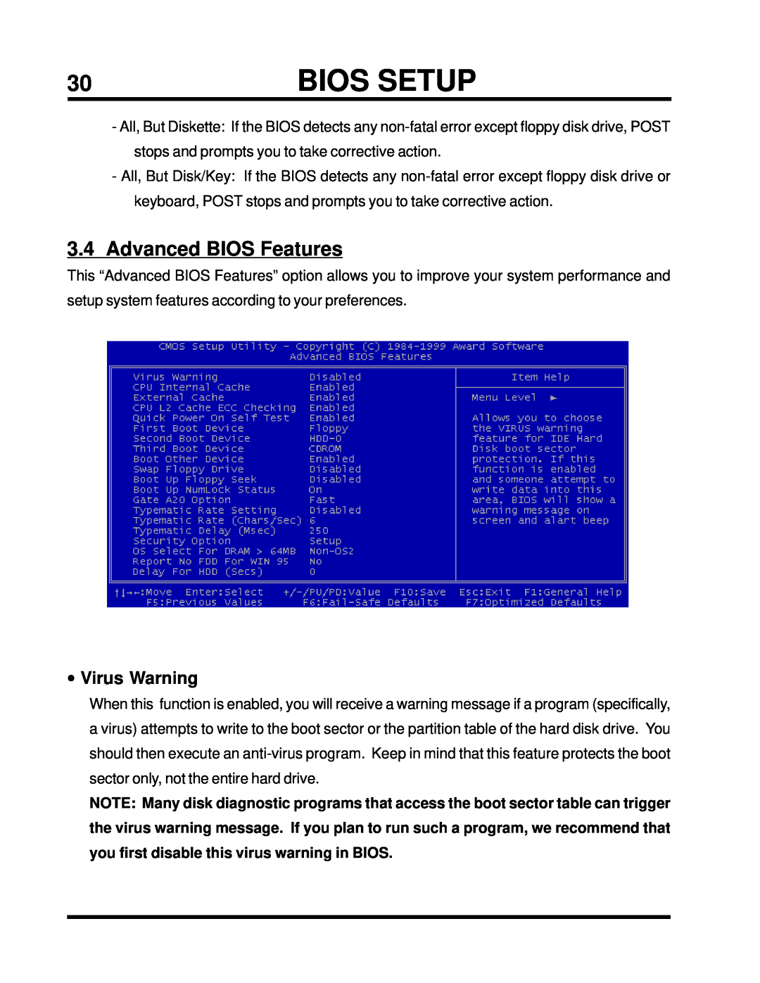 Intel TS-ASP3 user manual 3.4Advanced BIOS Features, •Virus Warning, Bios Setup 