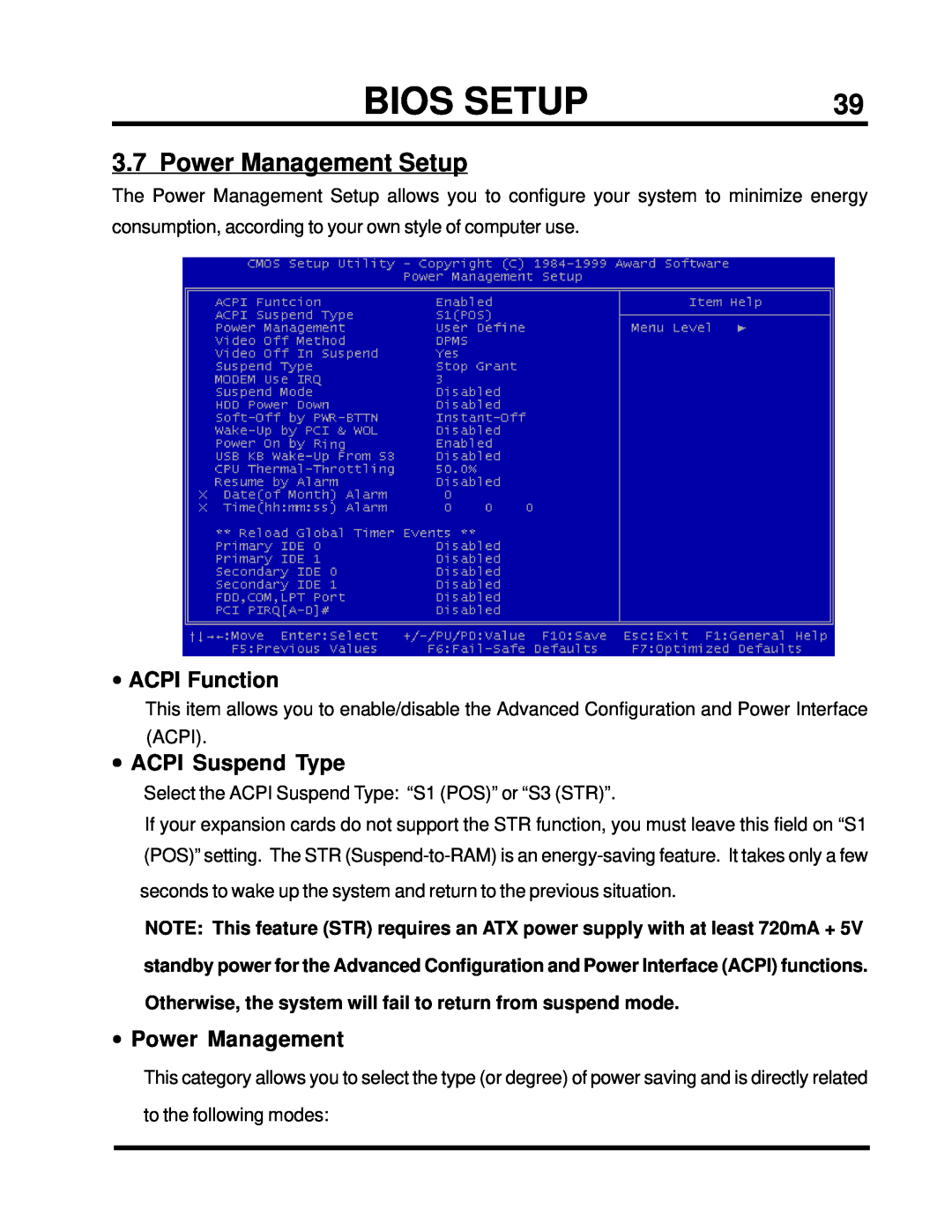 Intel TS-ASP3 user manual Power Management Setup, •ACPI Function, •ACPI Suspend Type, •Power Management, Bios Setup 