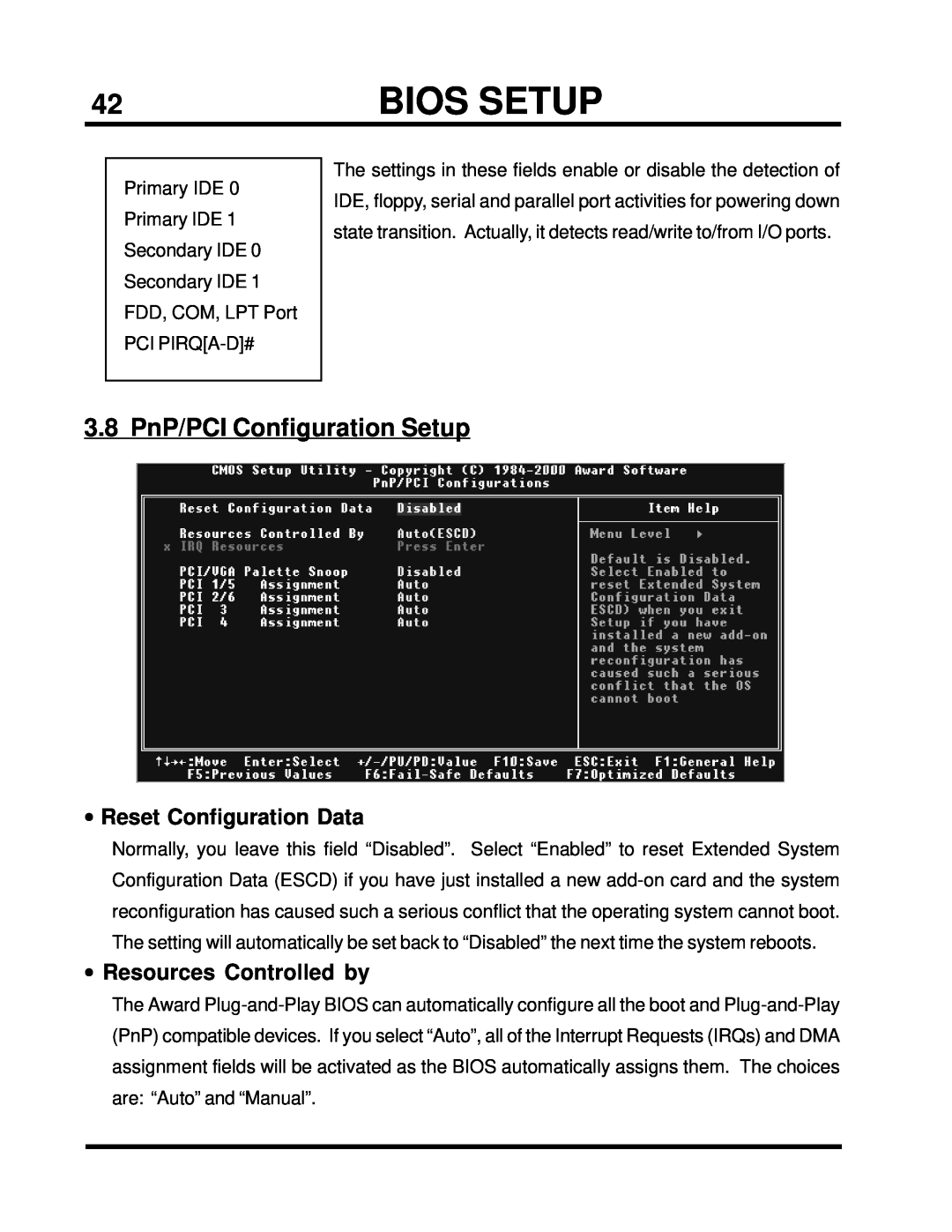 Intel TS-ASP3 user manual 3.8 PnP/PCI Configuration Setup, •Reset Configuration Data, •Resources Controlled by, Bios Setup 