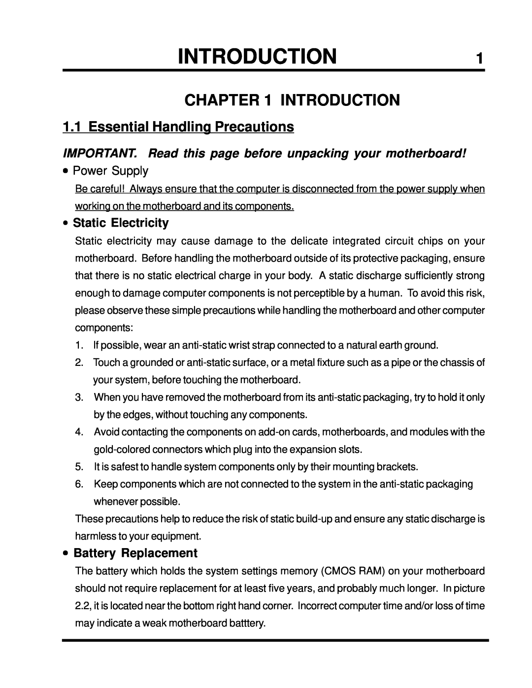 Intel TS-ASP3 user manual INTRODUCTION1, Introduction, Essential Handling Precautions, •Power Supply, •Static Electricity 