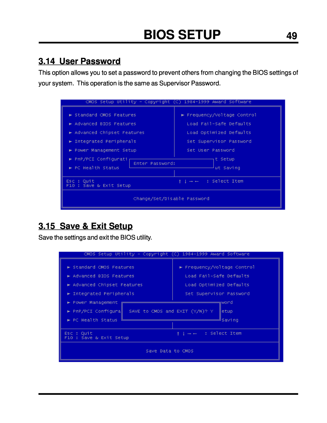 Intel TS-ASP3 user manual User Password, Save & Exit Setup, Bios Setup, Save the settings and exit the BIOS utility 