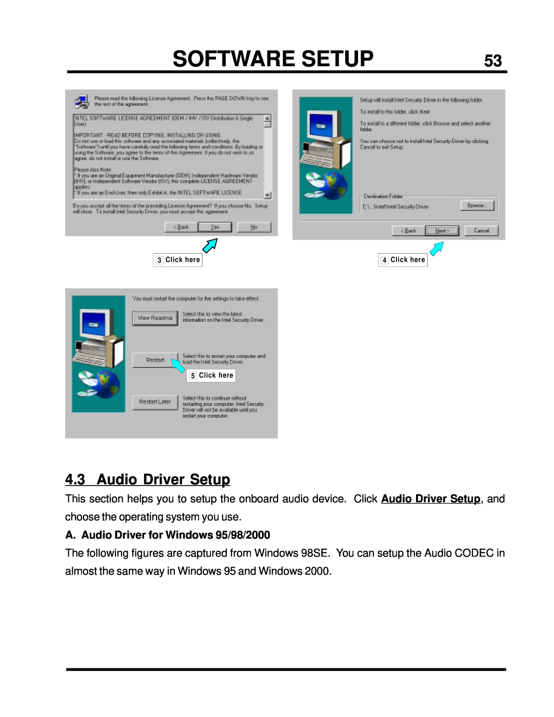 Intel TS-ASP3 user manual Audio Driver Setup, Software Setup, A. Audio Driver for Windows 95/98/2000 
