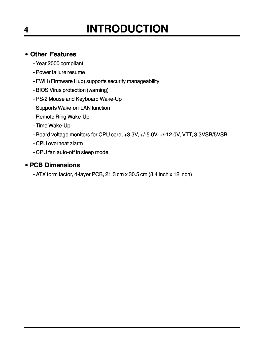 Intel TS-ASP3 user manual 4INTRODUCTION, •Other Features, •PCB Dimensions 