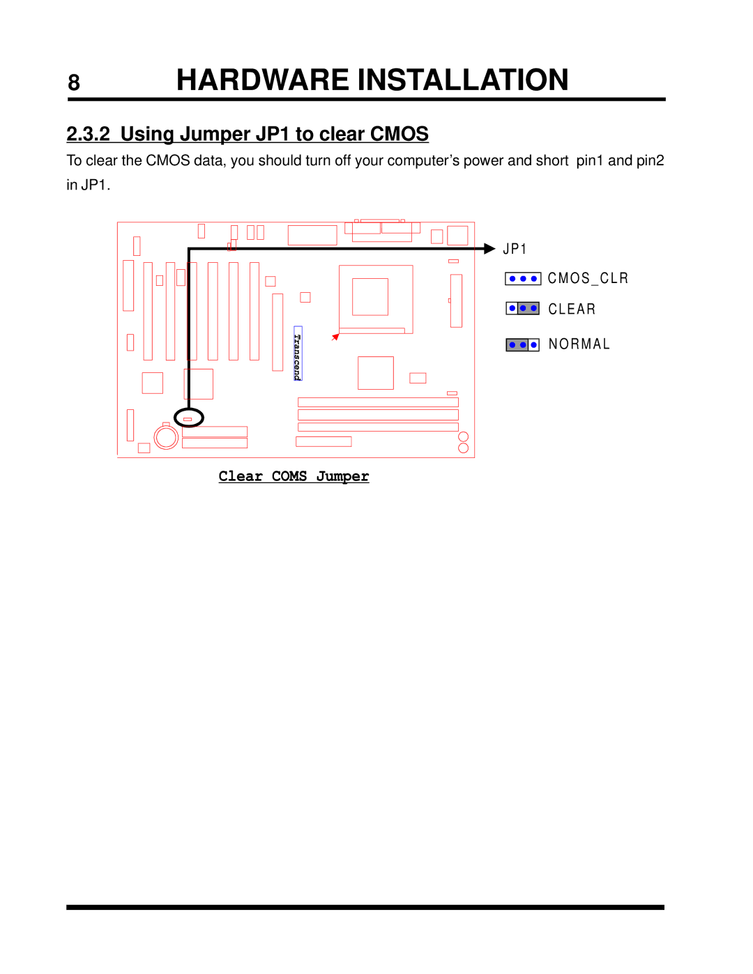 Intel TS-ASP3 user manual 8HARDWARE Installation, Using Jumper JP1 to clear Cmos 