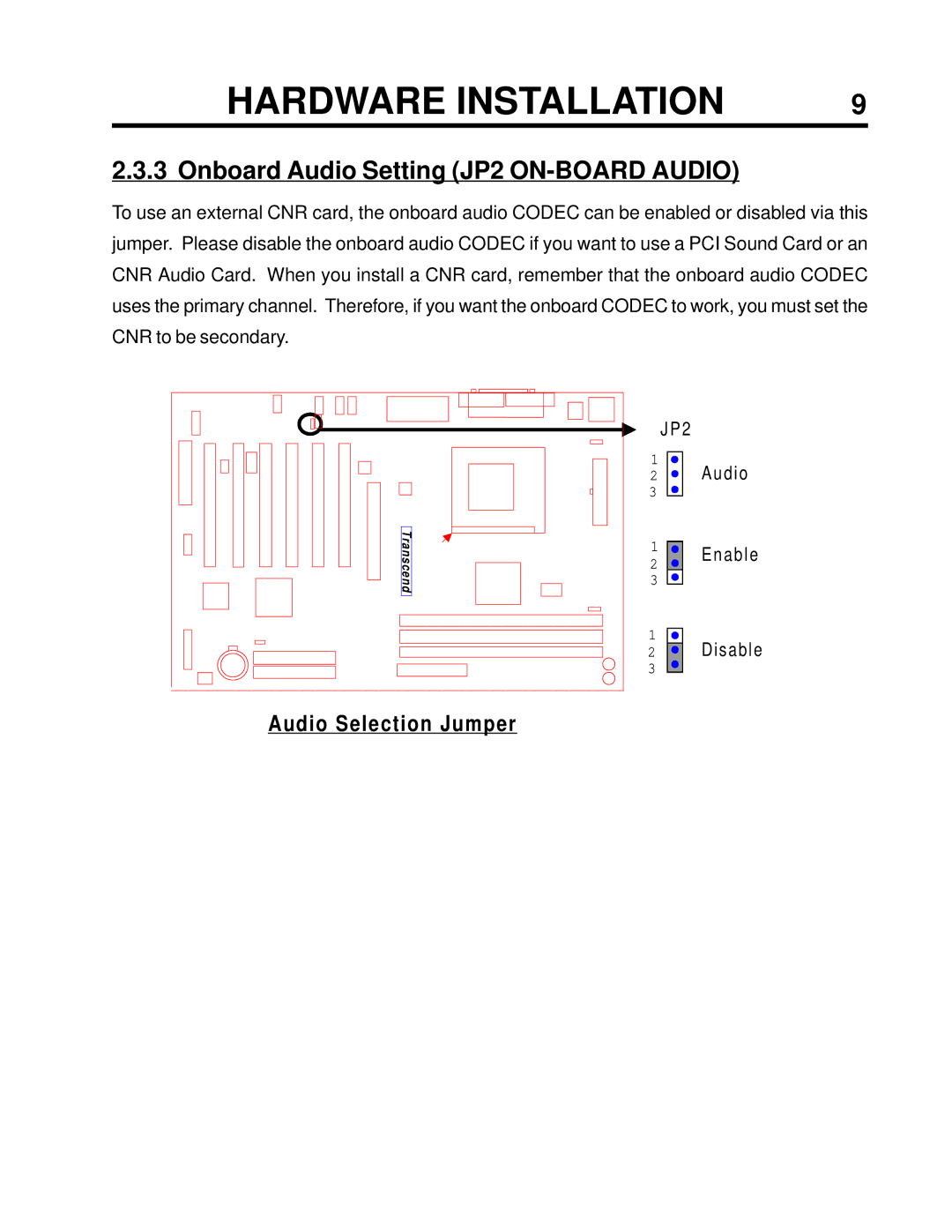 Intel TS-ASP3 user manual Onboard Audio Setting JP2 ON-BOARD Audio, Audio Selection Jumper 