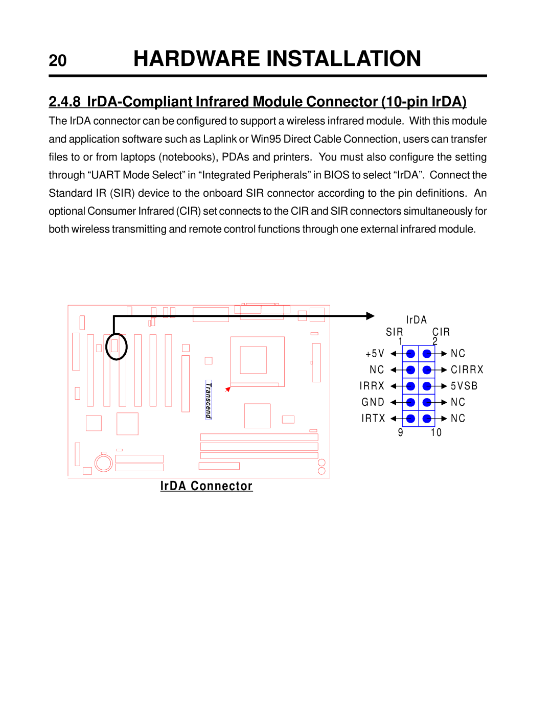 Intel TS-ASP3 user manual IrDA-Compliant Infrared Module Connector 10-pin IrDA, IrDA Connector 