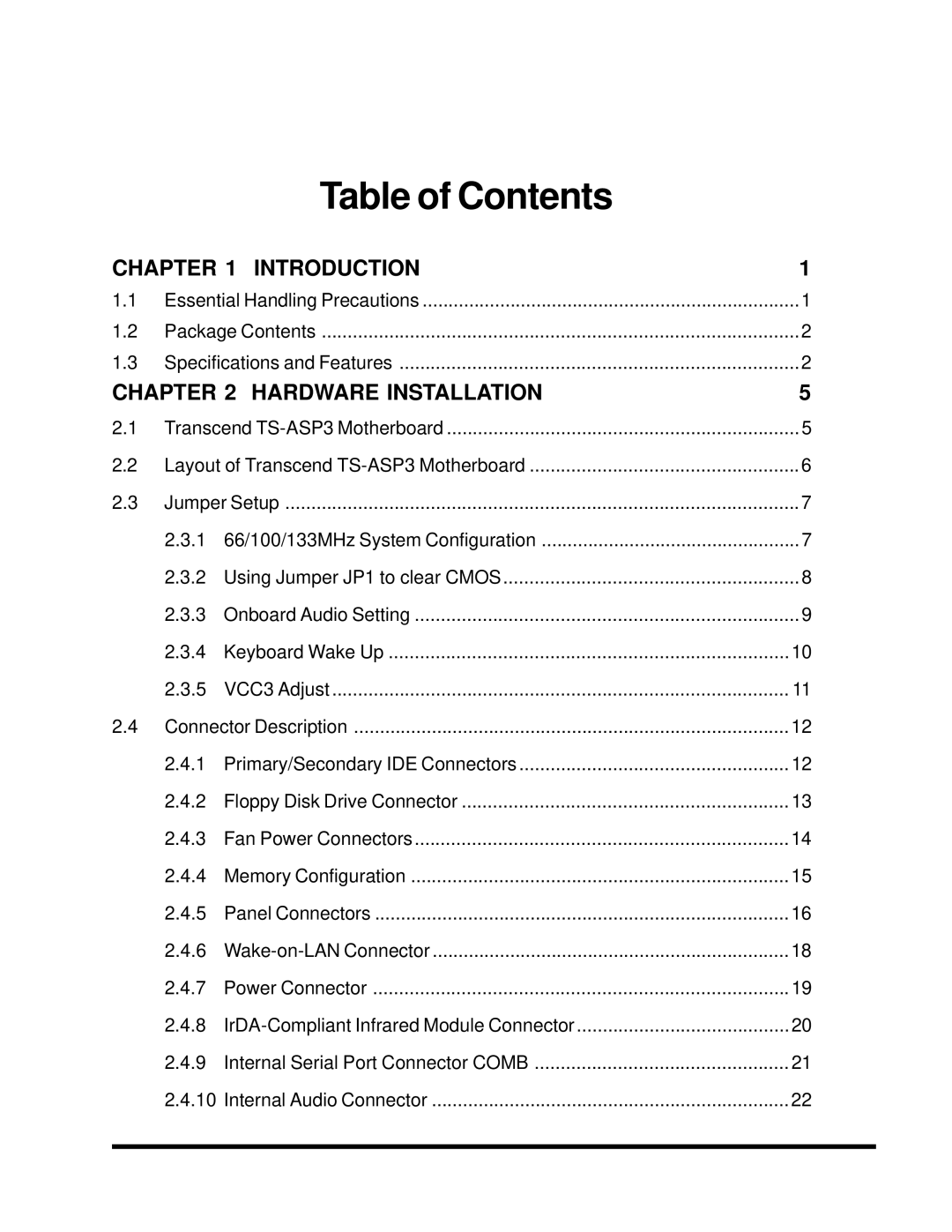 Intel TS-ASP3 user manual Table of Contents 