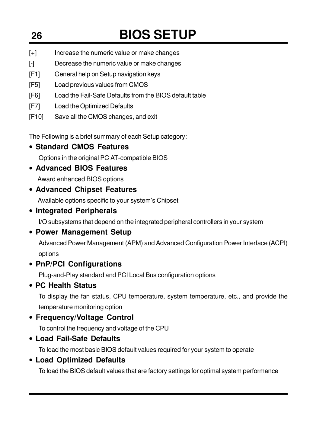 Intel TS-ASP3 user manual Standard Cmos Features, Advanced Bios Features, Advanced Chipset Features, Integrated Peripherals 