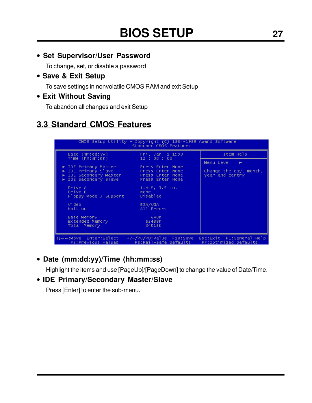 Intel TS-ASP3 user manual Standard Cmos Features 