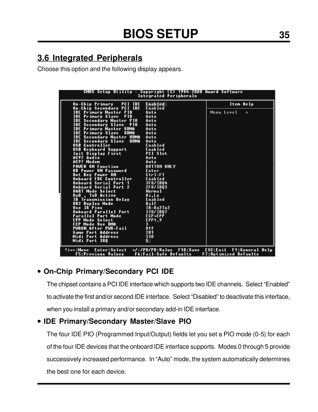 Intel TS-ASP3 user manual Integrated Peripherals, On-Chip Primary/Secondary PCI IDE, IDE Primary/Secondary Master/Slave PIO 