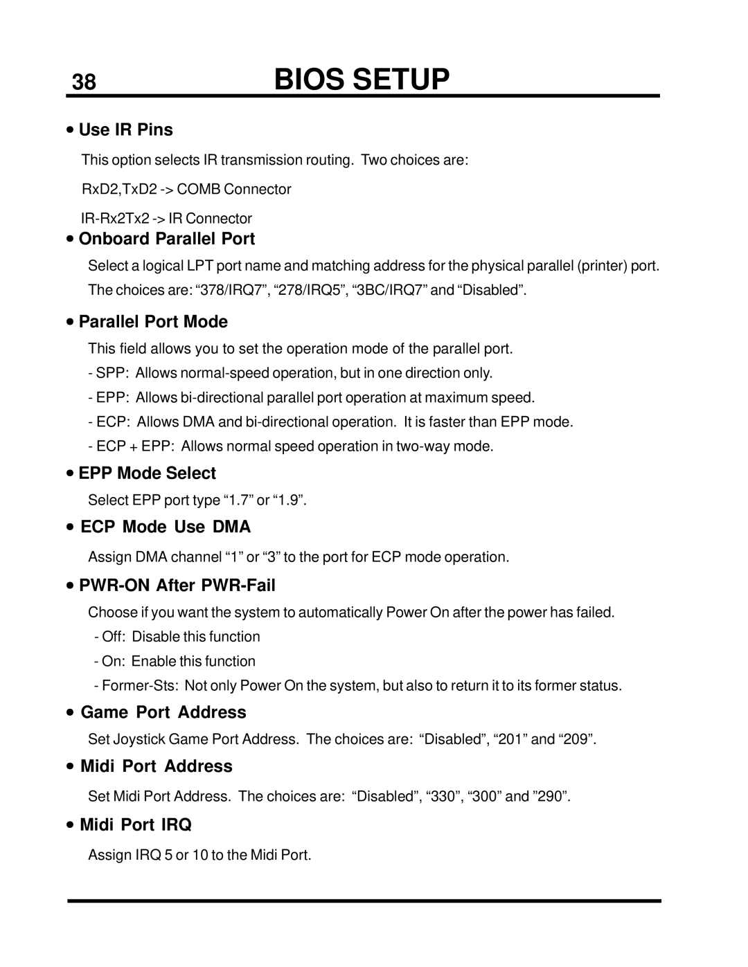 Intel TS-ASP3 Use IR Pins, Onboard Parallel Port, Parallel Port Mode, EPP Mode Select, ECP Mode Use DMA, Game Port Address 