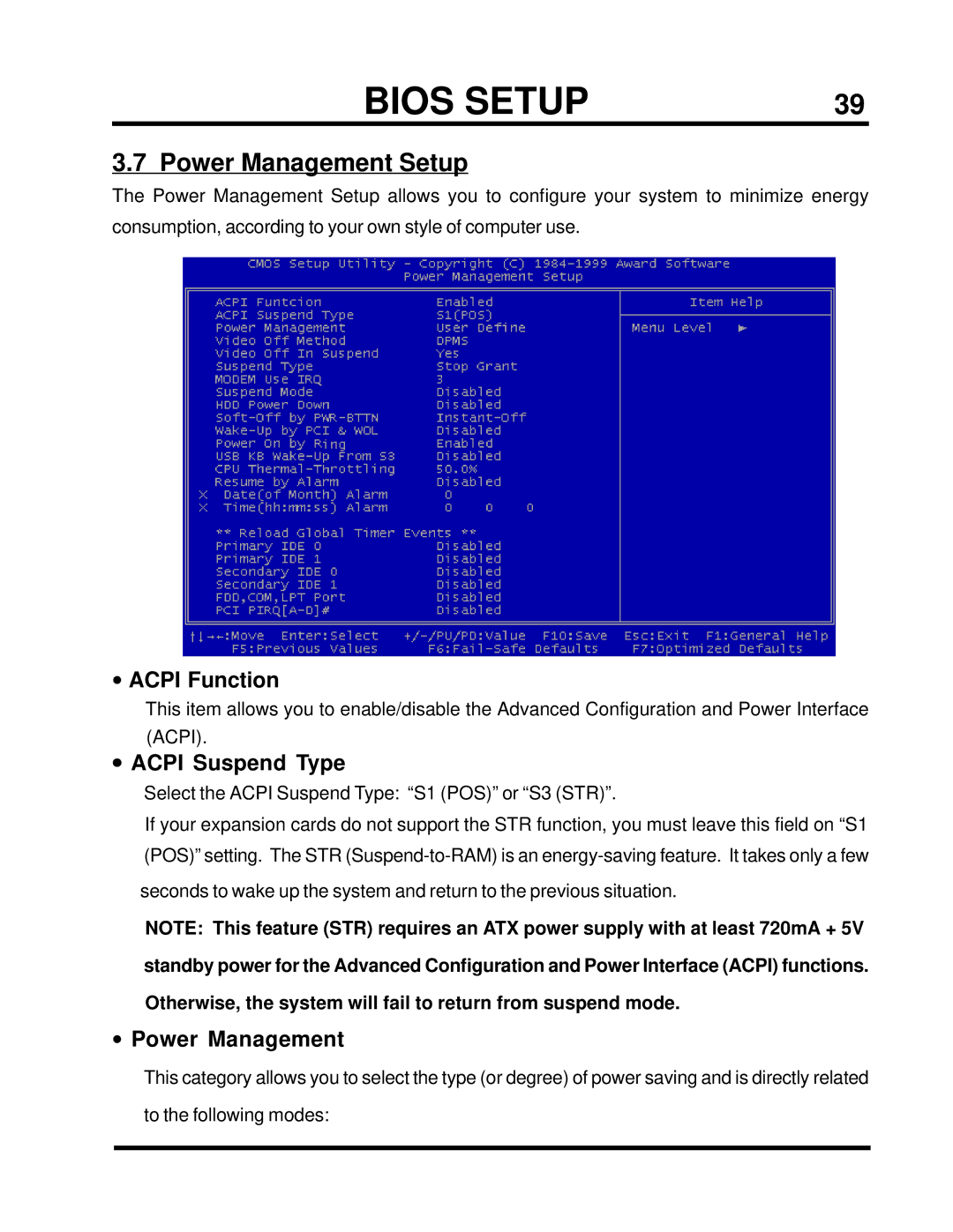 Intel TS-ASP3 user manual Power Management Setup, Acpi Function, Acpi Suspend Type 