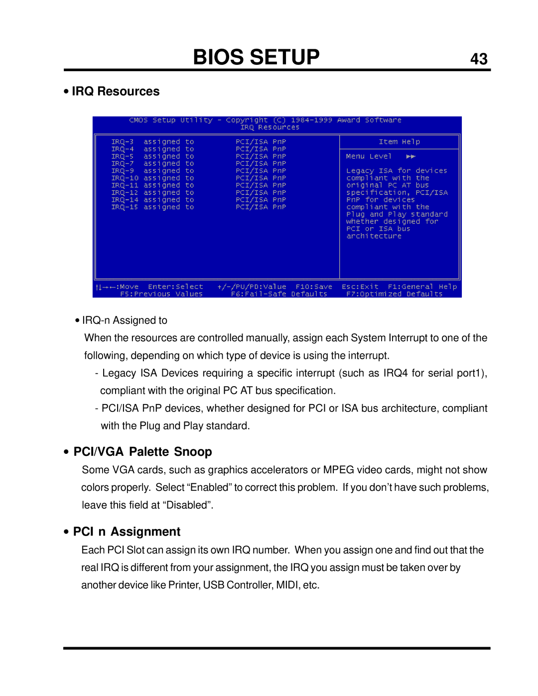 Intel TS-ASP3 user manual IRQ Resources, PCI/VGA Palette Snoop, PCI n Assignment 