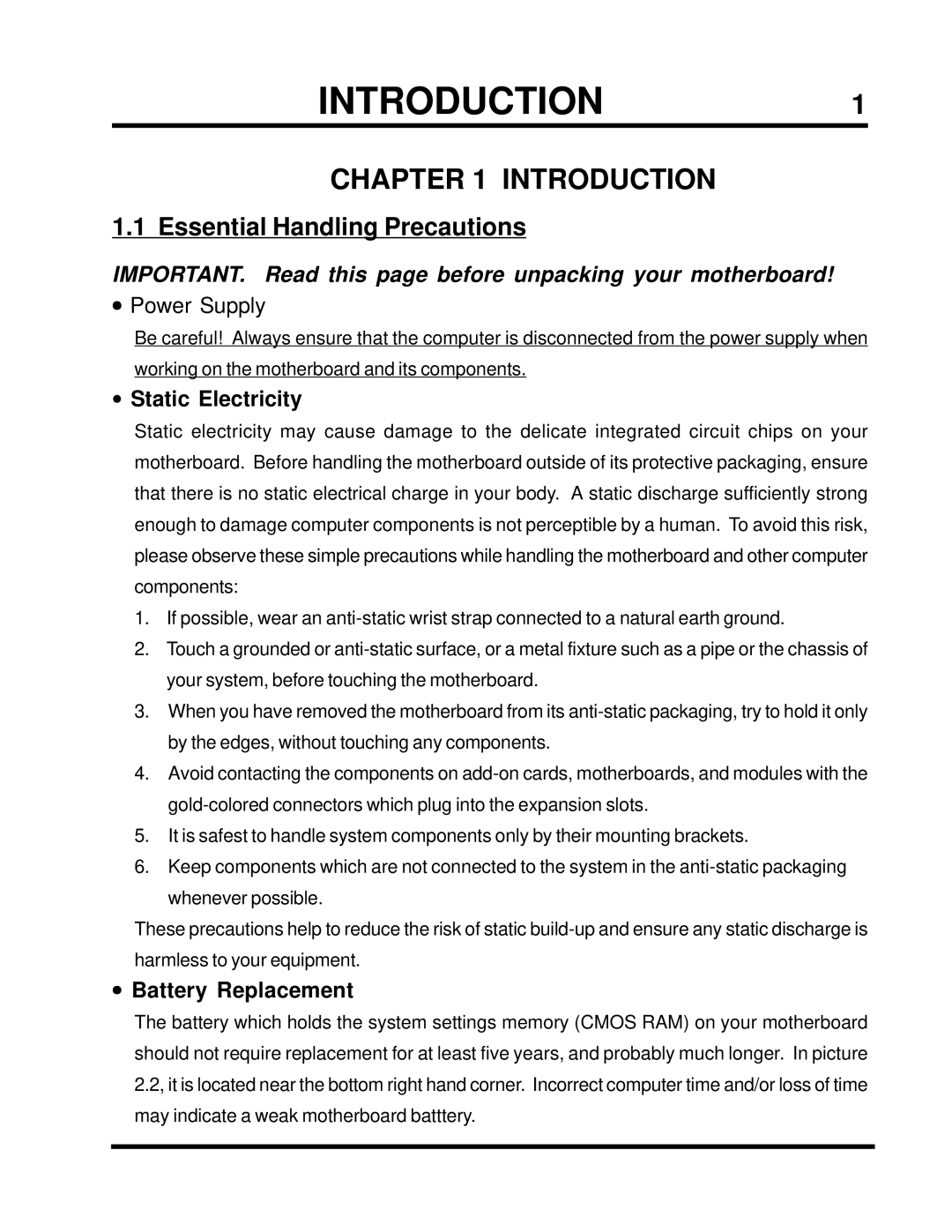 Intel TS-ASP3 user manual INTRODUCTION1, Essential Handling Precautions, Static Electricity, Battery Replacement 