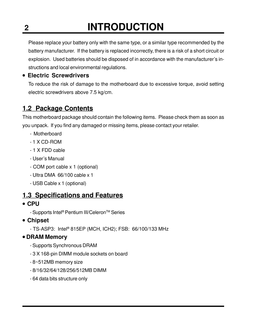 Intel TS-ASP3 user manual 2INTRODUCTION, Package Contents, Specifications and Features 