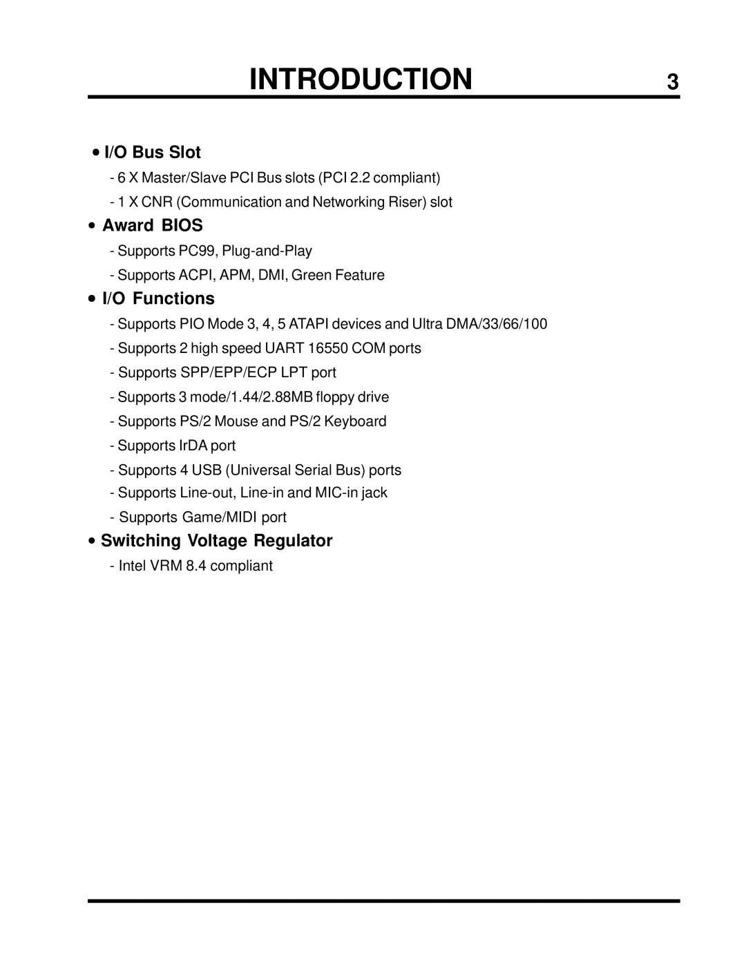 Intel TS-ASP3 user manual INTRODUCTION3, Bus Slot, Award Bios, Functions, Switching Voltage Regulator 