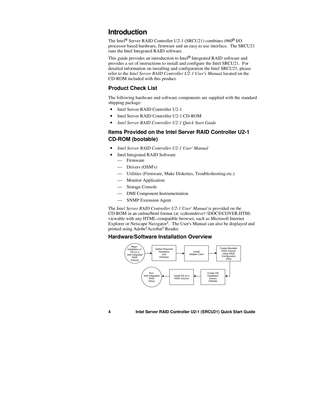 Intel U2-1 quick start Introduction, Product Check List, Hardware/Software Installation Overview 