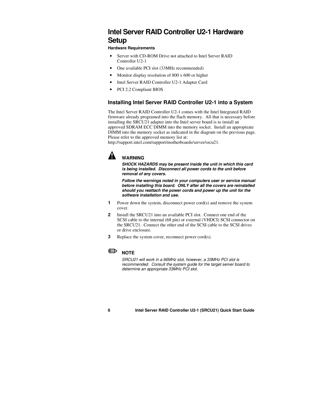 Intel Intel Server RAID Controller U2-1 Hardware Setup, Installing Intel Server RAID Controller U2-1 into a System 